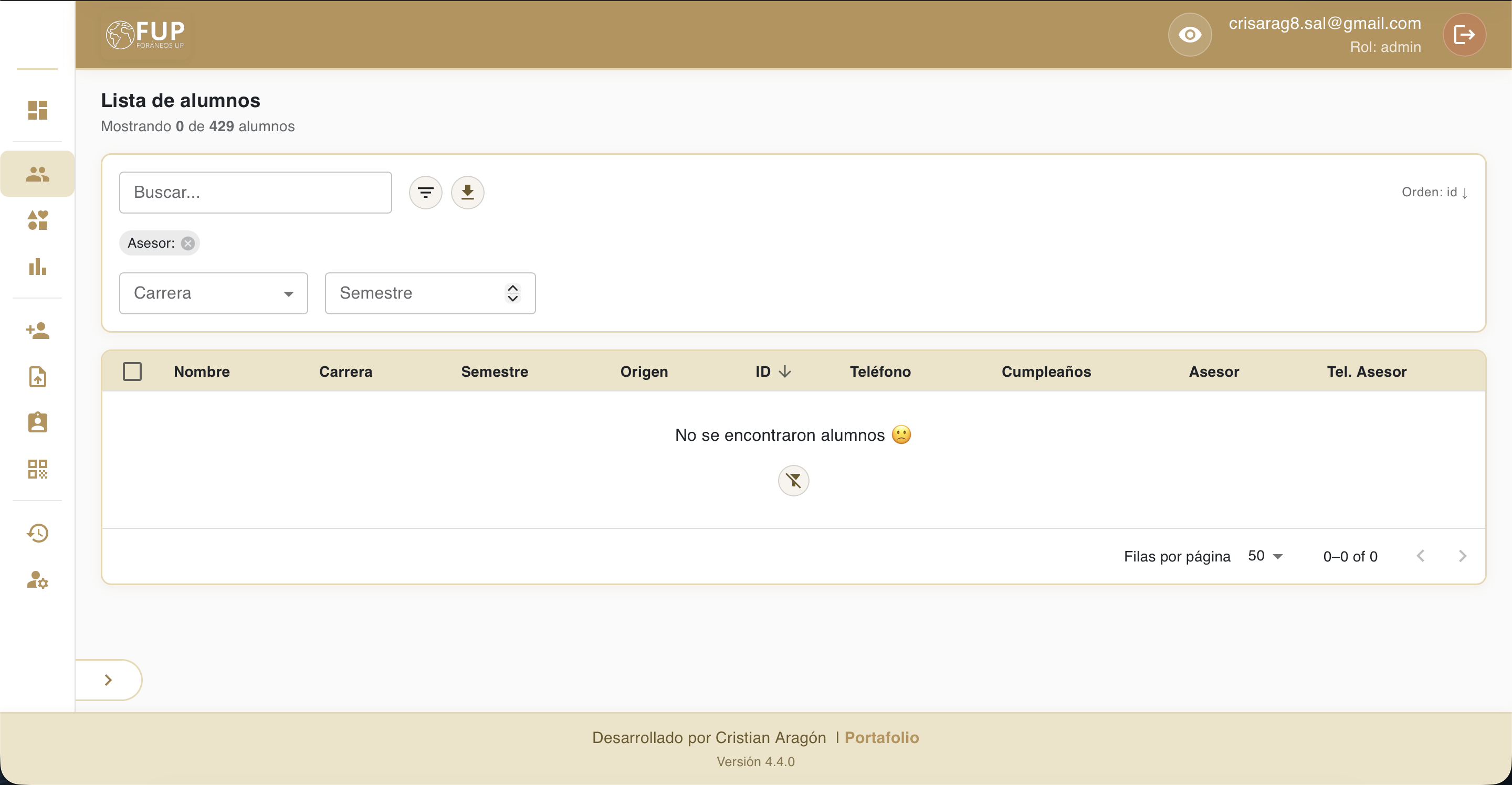 Foráneos UP Dashboard screenshot